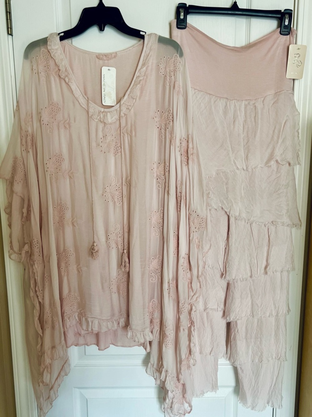 Romantic Blush Pink Silk Embroidered Boho Tunic Top Ruffle Pants Set Fairycore - Picture 3 of 16